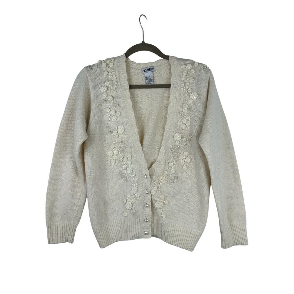 Vtg De Rotchild Sz M Silk Hand-Beaded Cardigan 1960s Faux Pearl Buttons Angora